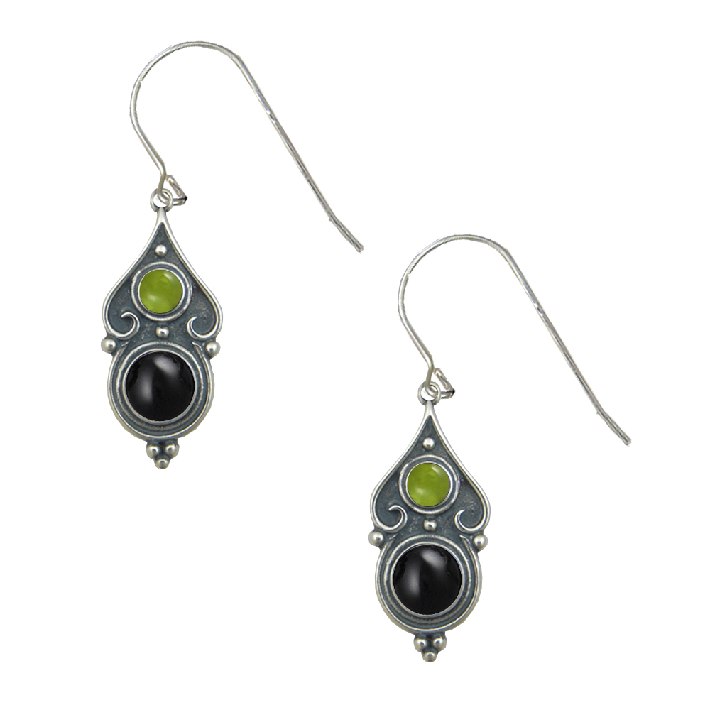 Sterling Silver Designer Post Stud Earrings With Black Onyx And Peridot